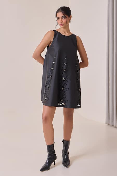 Buy_Needleten_Black Taffeta Sequins, Cut Work Round Neck, Floral Embellished Dress _Online_at_Aza_Fashions