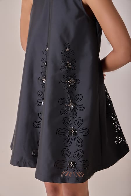 Needleten_Black Taffeta Sequins, Cut Work Round Neck, Floral Embellished Dress _at_Aza_Fashions