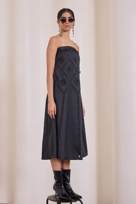 Needleten_Black Taffeta Sequins, Cut Work Bandeau Neck Geometric Strapless Midi Dress _Online_at_Aza_Fashions