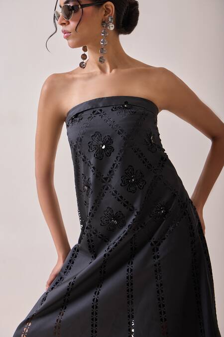 Buy_Needleten_Black Taffeta Sequins, Cut Work Bandeau Neck Geometric Strapless Midi Dress _Online_at_Aza_Fashions