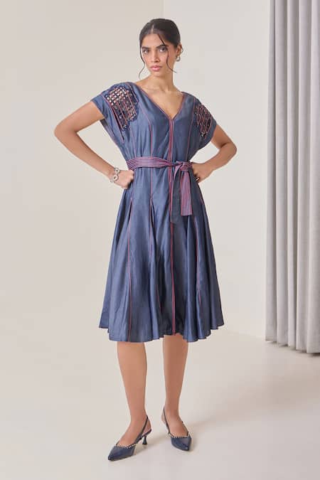 Needleten Cutwork Embroidered Midi Dress With Belt 