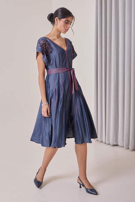 Needleten Blue Tencel, Denim Cut Work, Beads Cutwork Embroidered Midi Dress With Belt Online at Aza Fashions Needleten_Blue Tencel, Denim Cut Work, Beads Cutwork Embroidered Midi Dress With Belt _Online_at_Aza_Fashions