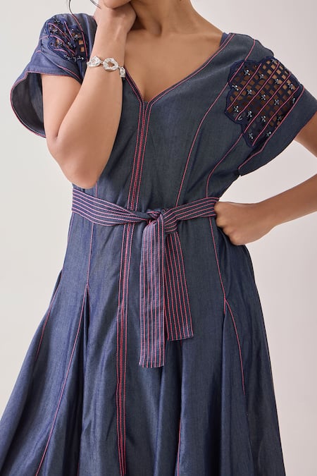 Buy Needleten Blue Tencel, Denim Cut Work, Beads Cutwork Embroidered Midi Dress With Belt Online at Aza Fashions Buy_Needleten_Blue Tencel, Denim Cut Work, Beads Cutwork Embroidered Midi Dress With Belt _Online_at_Aza_Fashions