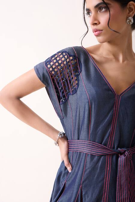 Shop Needleten Blue Tencel, Denim Cut Work, Beads Cutwork Embroidered Midi Dress With Belt Online at Aza Fashions Shop_Needleten_Blue Tencel, Denim Cut Work, Beads Cutwork Embroidered Midi Dress With Belt _Online_at_Aza_Fashions