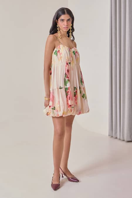 Needleten_Peach Vegan Silk, Organza Sweetheart Neck Floral Print Tiered Bubble Dress _Online_at_Aza_Fashions