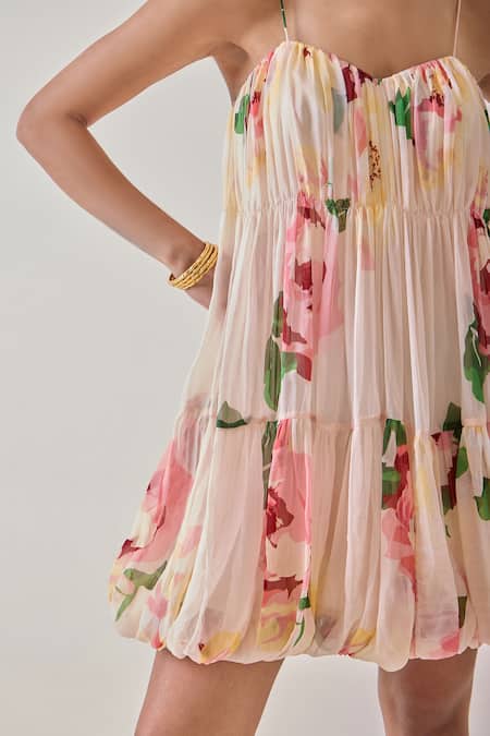Shop_Needleten_Peach Vegan Silk, Organza Sweetheart Neck Floral Print Tiered Bubble Dress _Online_at_Aza_Fashions