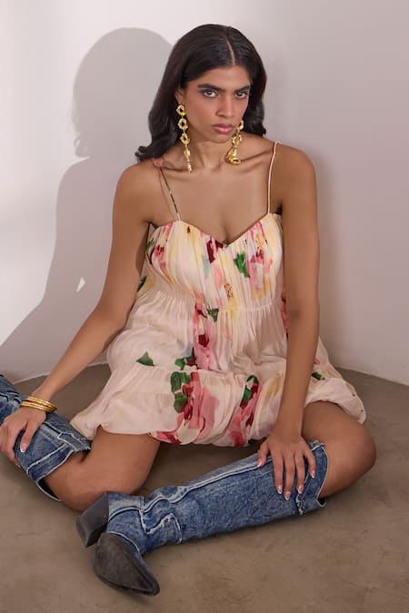 Needleten_Peach Vegan Silk, Organza Sweetheart Neck Floral Print Tiered Bubble Dress _at_Aza_Fashions