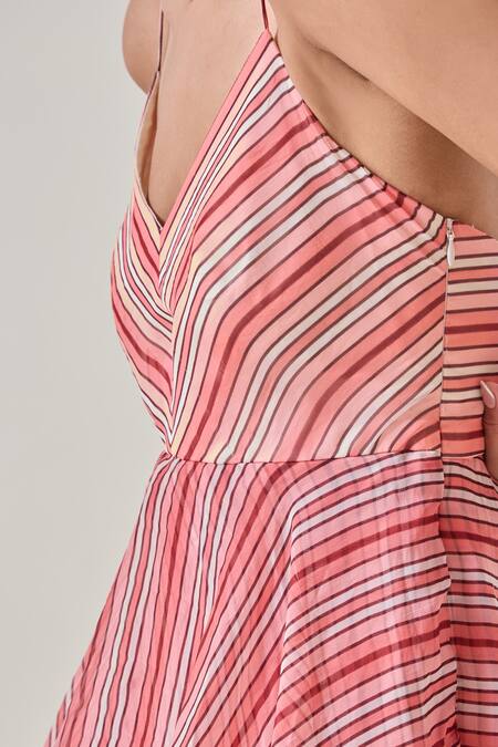 Buy_Needleten_Coral Vegan Silk, Organza V-neck Striped Tiered Maxi Dress 