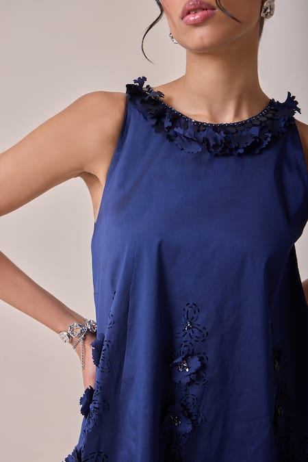 Needleten Blue Taffeta, Cotton Applique, Cut Work, Sequins Ruffled Floral Short Dress Online at Aza Fashions Needleten_Blue Taffeta, Cotton Applique, Cut Work, Sequins Ruffled Floral Short Dress _Online_at_Aza_Fashions
