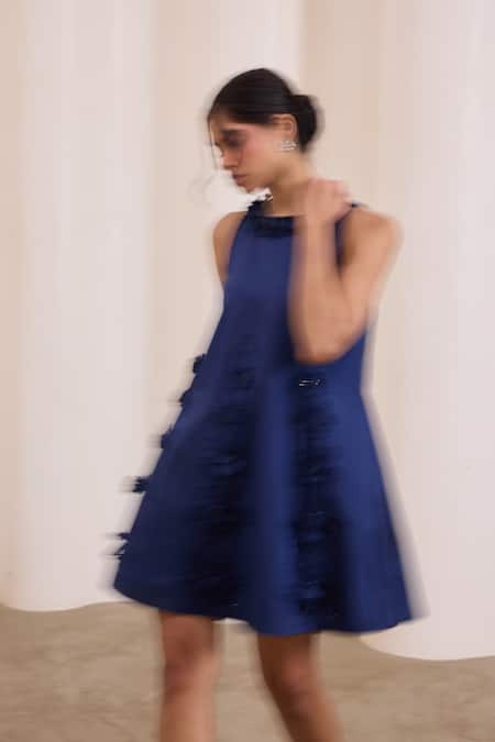 Shop Needleten Blue Taffeta, Cotton Applique, Cut Work, Sequins Ruffled Floral Short Dress Online at Aza Fashions Shop_Needleten_Blue Taffeta, Cotton Applique, Cut Work, Sequins Ruffled Floral Short Dress _Online_at_Aza_Fashions