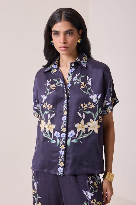 Needleten_Navy Linen, Satin Collared Floral Print Shirt And Pant Set _at_Aza_Fashions