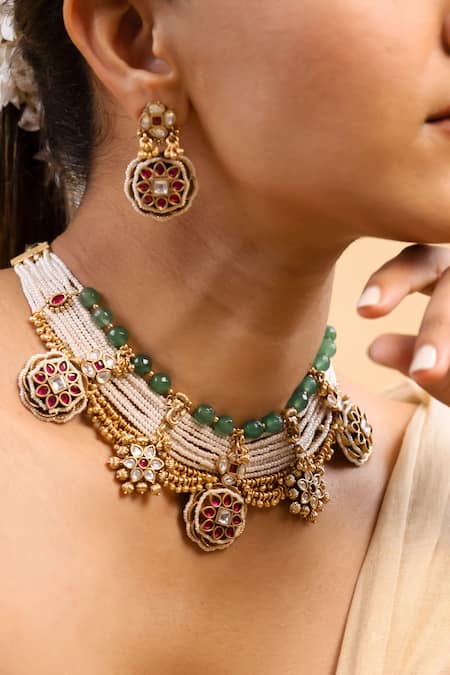 Saga Jewels_Multi Color Beads, Stones, Pearls, Embellished Temple Carved Choker Set _Online_at_Aza_Fashions