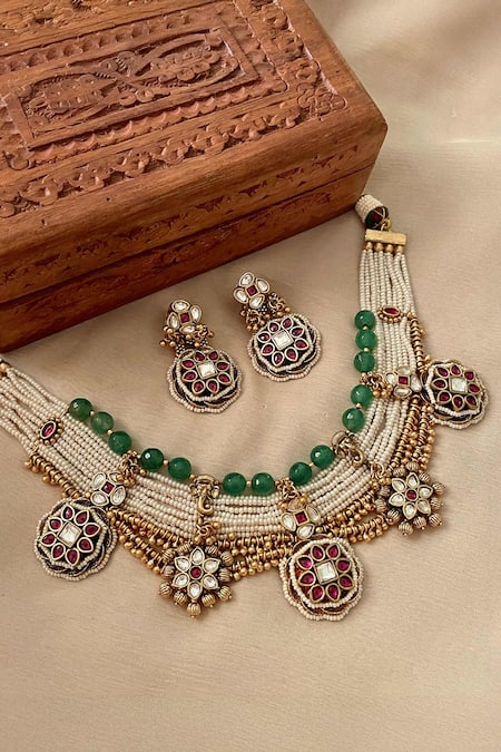 Saga Jewels Embellished Temple Carved Choker Set 