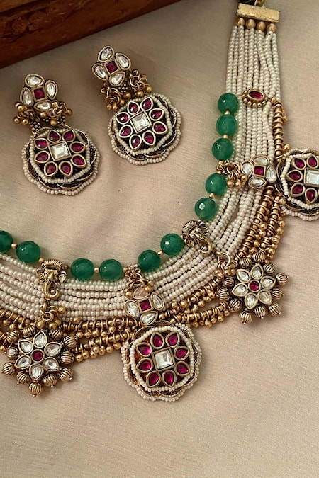 Buy_Saga Jewels_Multi Color Beads, Stones, Pearls, Embellished Temple Carved Choker Set _Online_at_Aza_Fashions