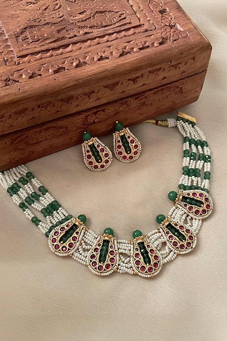 Saga Jewels Pearl Embellished Temple Necklace Set 