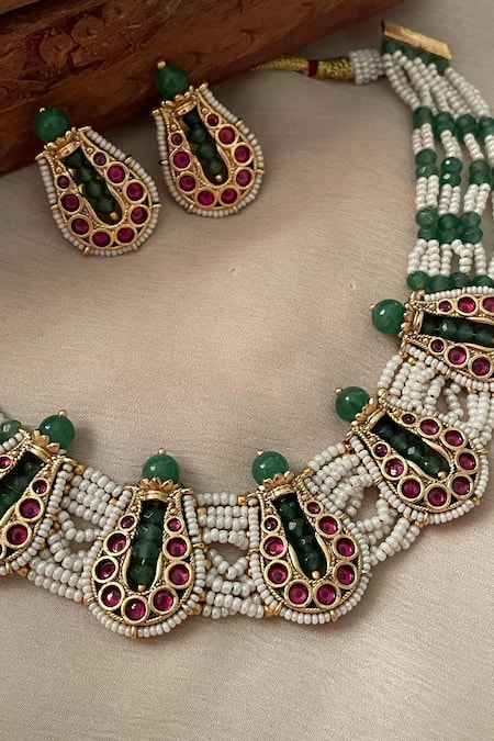 Saga Jewels Pearl Embellished Temple Necklace Set 