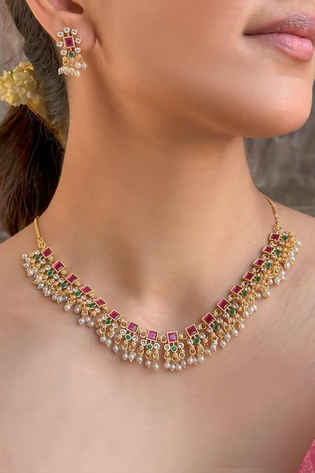 Saga Jewels Embellished Temple Necklace Set 