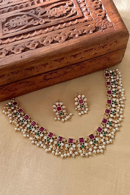 Saga Jewels Embellished Temple Necklace Set 