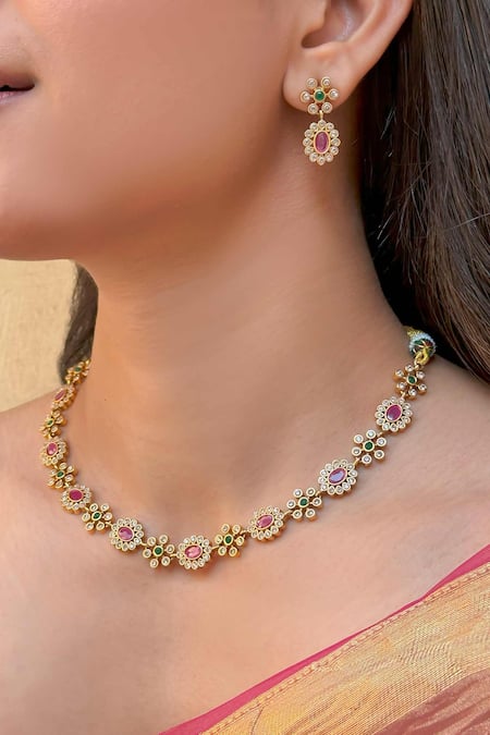 Saga Jewels Floral Motif Temple Necklace Set 