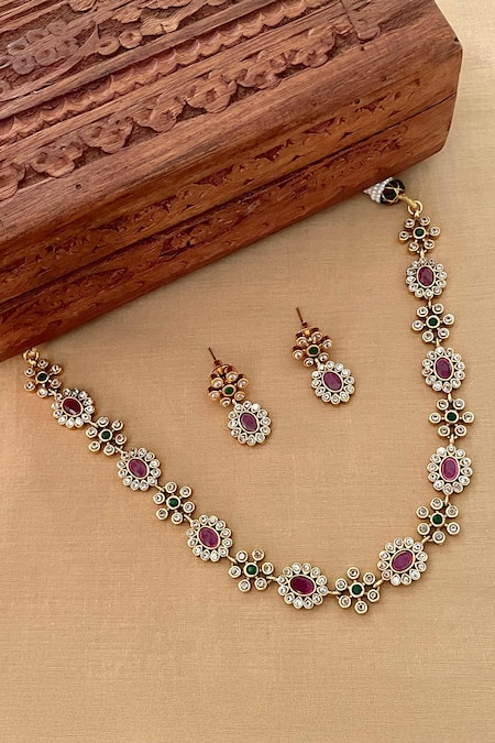 Saga Jewels Floral Motif Temple Necklace Set 