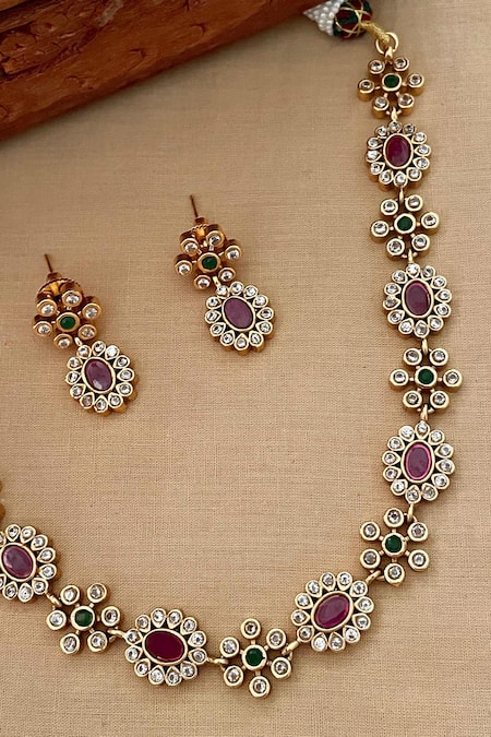 Saga Jewels_Gold Plated Stones Floral Motif Temple Necklace Set _Online_at_Aza_Fashions