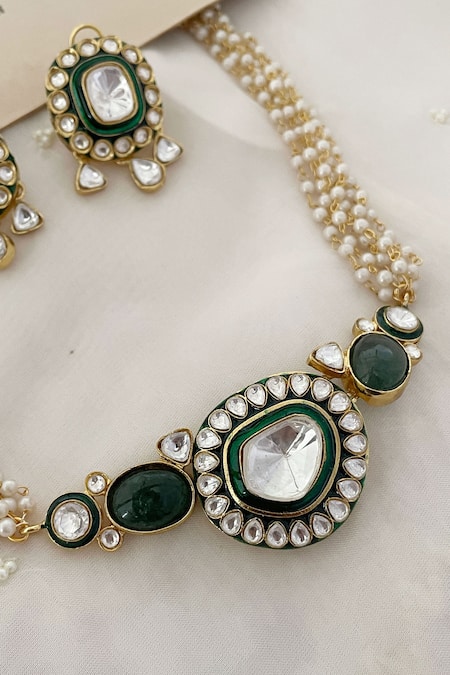 Saga Jewels_Green Pearls, Stones Embellished And Enamel Necklace Set _Online_at_Aza_Fashions