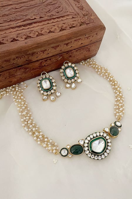 Buy_Saga Jewels_Green Pearls, Stones Embellished And Enamel Necklace Set _Online_at_Aza_Fashions
