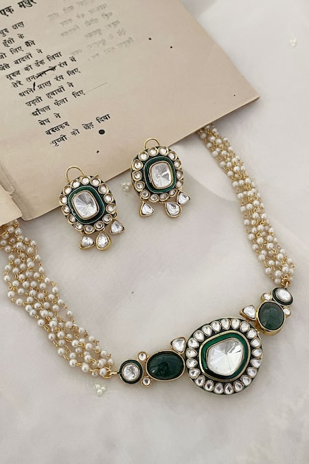 Saga Jewels Pearl Embellished & Enamel Necklace Set 