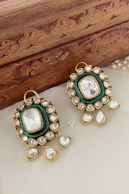 Saga Jewels_Green Pearls, Stones Embellished And Enamel Necklace Set _at_Aza_Fashions