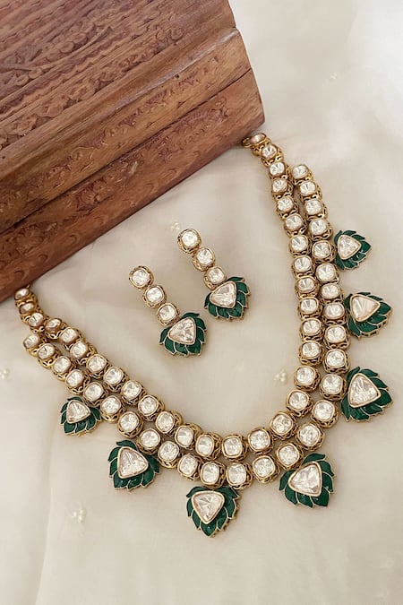 Saga Jewels Floral Motif Green Enamelled Necklace Set 