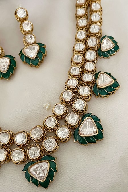 Saga Jewels_Gold Plated Stones Floral Motif Green Enamelled Necklace Set _Online_at_Aza_Fashions