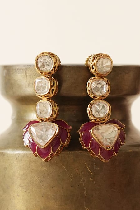 Saga Jewels_Red Stones Floral Motif Enamelled Necklace Set _Online_at_Aza_Fashions