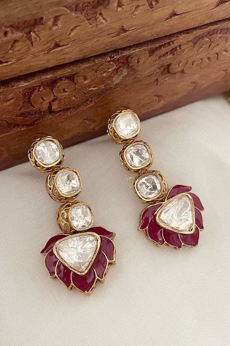 Shop_Saga Jewels_Red Stones Floral Motif Enamelled Necklace Set _Online_at_Aza_Fashions