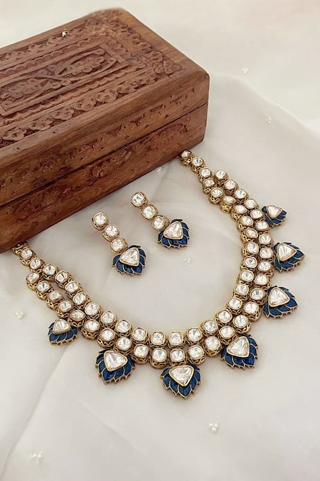 Saga Jewels Floral Motif Blue Enamelled Necklace Set 