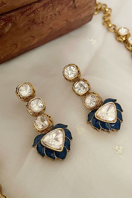 Saga Jewels_Gold Plated Floral Motif Blue Enamelled Necklace Set _Online_at_Aza_Fashions