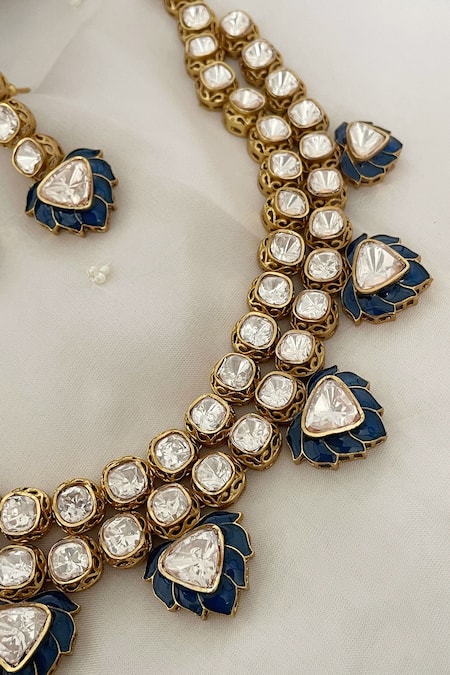 Shop_Saga Jewels_Gold Plated Floral Motif Blue Enamelled Necklace Set _Online_at_Aza_Fashions