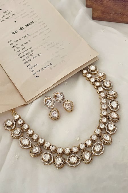 Saga Jewels Gold Plated Stones Polki Embellished Necklace Set Online at Aza Fashions Saga Jewels_Gold Plated Stones Polki Embellished Necklace Set _Online_at_Aza_Fashions