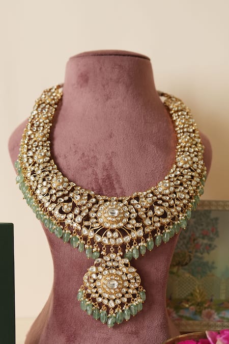 Saga Jewels_Gold Plated Beads, Stones Embellished Green Beaded Pendant Necklace Set _Online_at_Aza_Fashions