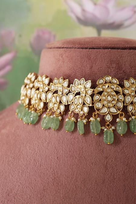 Saga Jewels_Gold Plated Beads, Stones, Pearls Floral Polki Embellished Choker Necklace Set _Online_at_Aza_Fashions