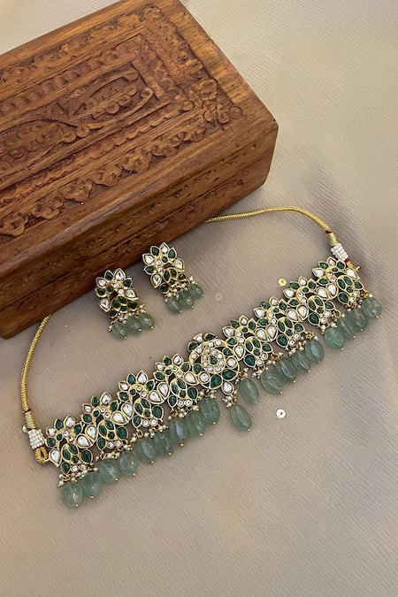 Saga Jewels Floral Polki Embellished Choker Set 