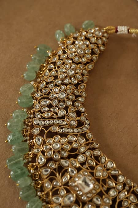 Buy_Saga Jewels_Gold Plated Beads, Stones Kundan Polki Embellished Bridal Necklace Set _Online_at_Aza_Fashions