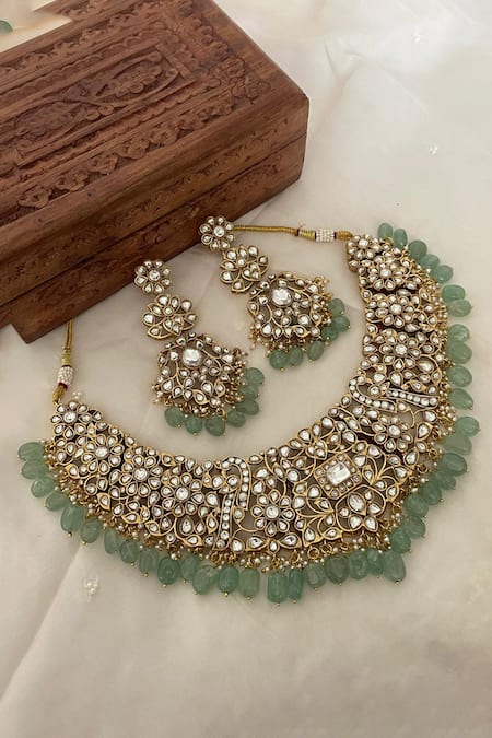 Saga Jewels Kundan Polki Embellished Bridal Necklace Set 