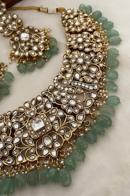 Shop_Saga Jewels_Gold Plated Beads, Stones Kundan Polki Embellished Bridal Necklace Set _Online_at_Aza_Fashions