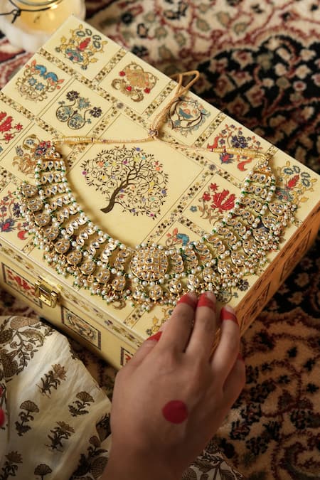 Shop_Saga Jewels_Gold Plated Pearls, Beads, Stones Kundan Studded Necklace Set _Online_at_Aza_Fashions