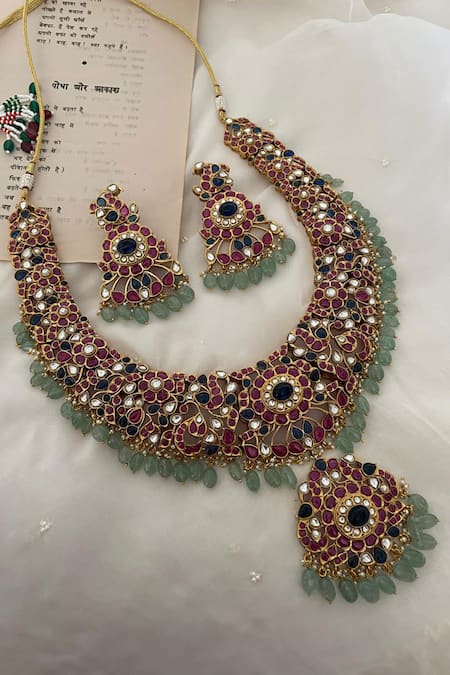 Saga Jewels Multi Stone Polki Embellished Necklace Set 