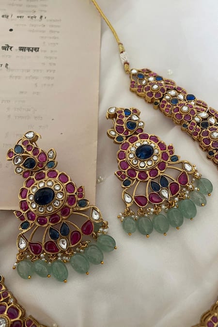 Saga Jewels Multi Color Beads, Stones, Pearls Polki Embellished Necklace Set Online at Aza Fashions Saga Jewels_Multi Color Beads, Stones, Pearls Polki Embellished Necklace Set _Online_at_Aza_Fashions