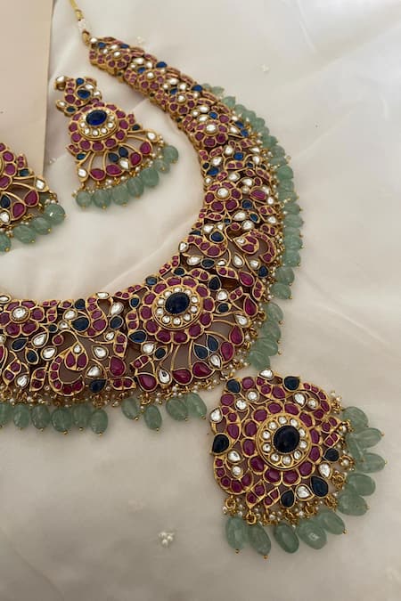 Saga Jewels Multi Stone Polki Embellished Necklace Set 