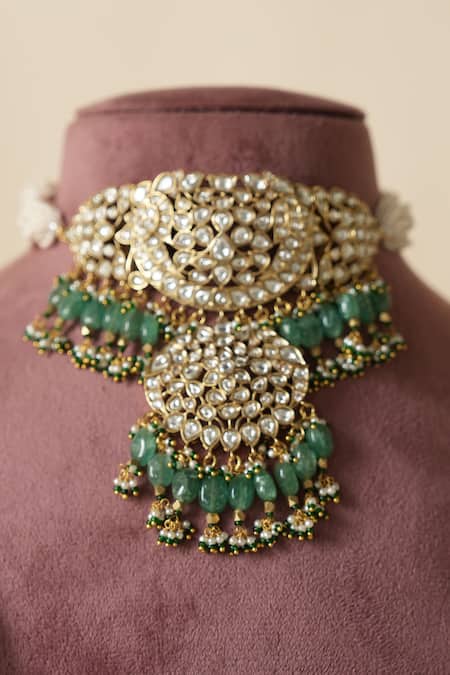 Saga Jewels_Green Beads, Stones, Pearls Ethnic Polki Embellished Necklace Set _Online_at_Aza_Fashions