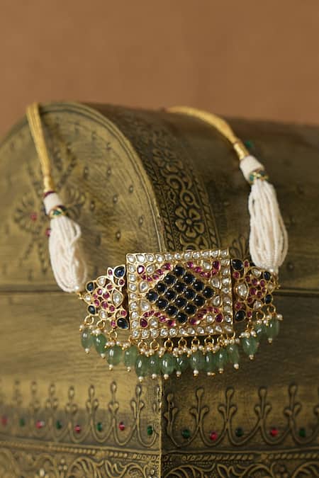 Saga Jewels Polki & Pearl Embellished Necklace Set 