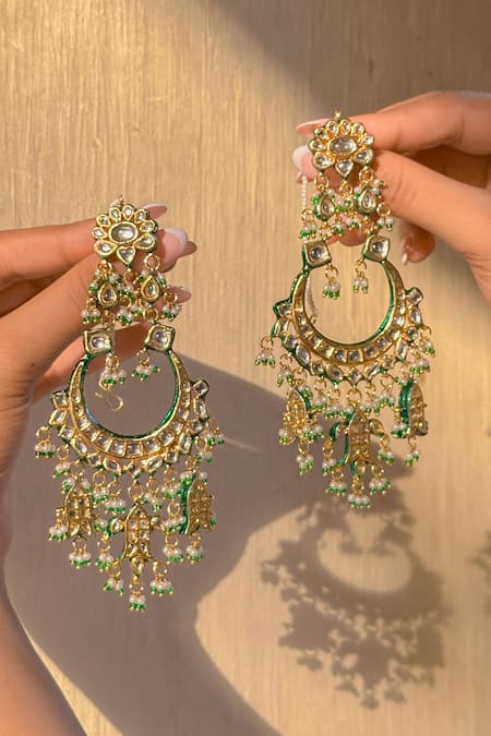 Saga Jewels Kundan Embellished Green Chandbalis 